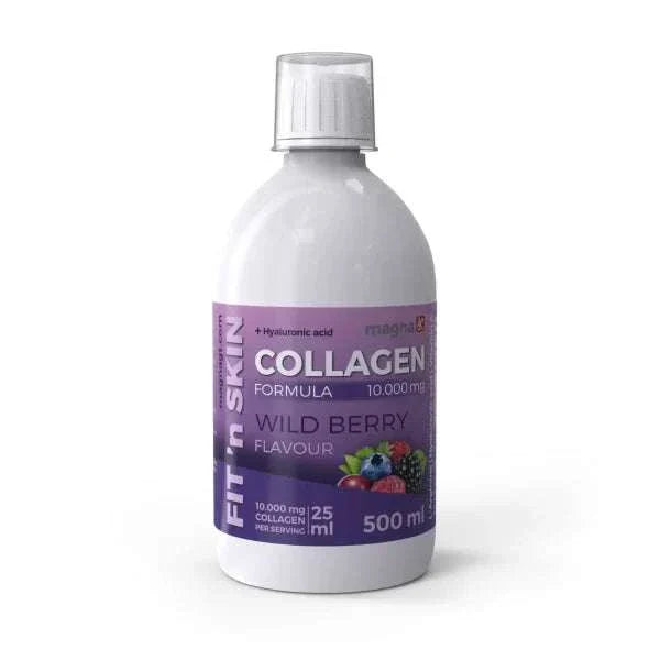 FIT 'n SKIN collagen drink, wild berry flavor, 500ml bottle.