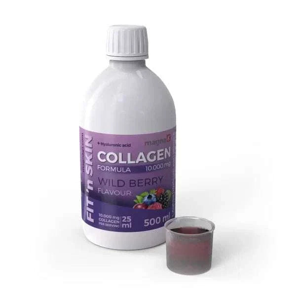 FIT n SKIN Collagen drink with wild berry flavor and 10,000 mg hydrolyzed bovine collagen per serving.