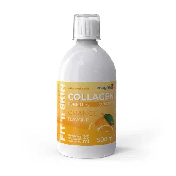FIT 'n SKIN Collagen orange-flavored drink with 10,000 mg hydrolyzed beef collagen.