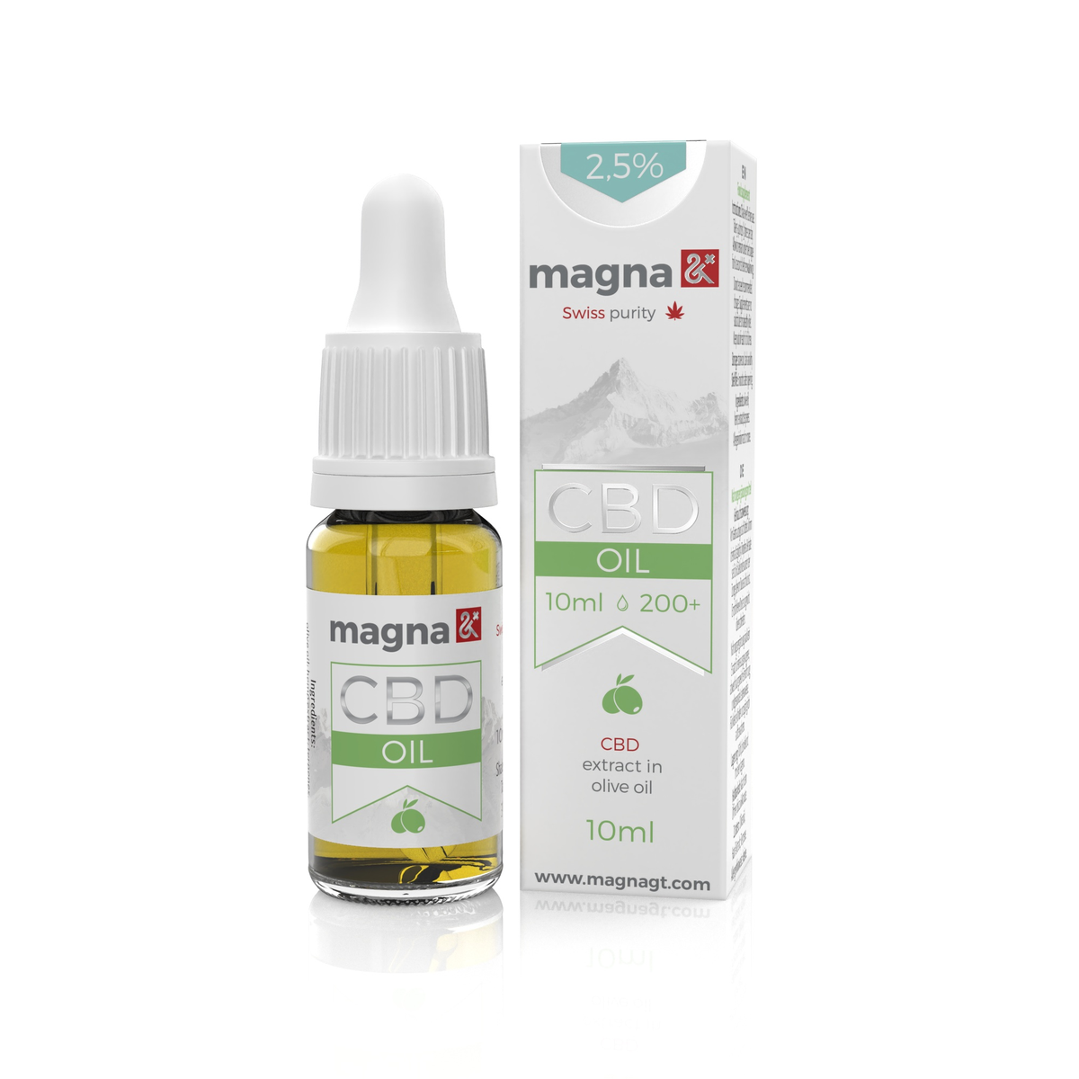 Magna G&T 2,5% CBD Olaj 250mg in 10ml bottle with olive oil, full spectrum.