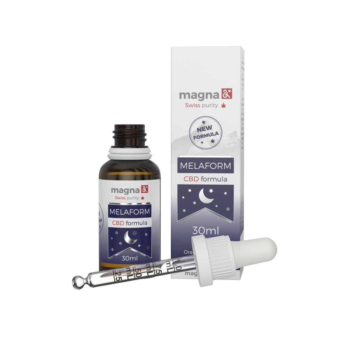 Melaform 30ml bottle with packaging, featuring CBD and melatonin formula for restful sleep.