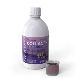 FIT n SKIN Collagen drink with wild berry flavor and 10,000 mg hydrolyzed bovine collagen per serving.